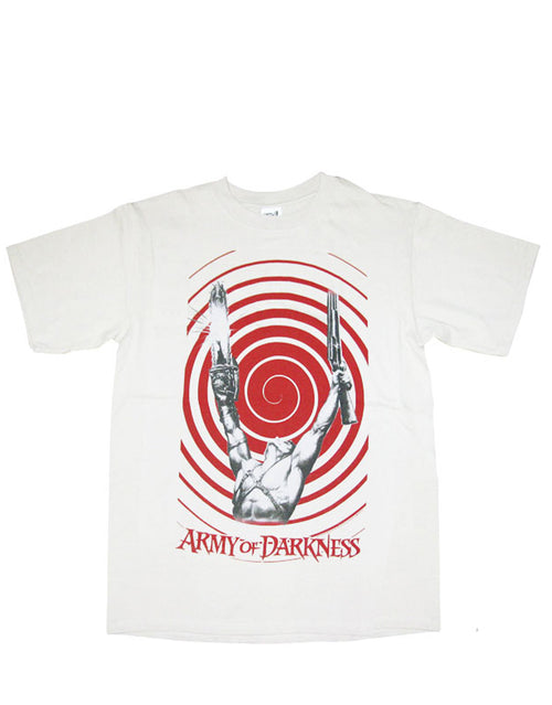 Army of Darkness muscle pose graphic on a white adult t-shirt.