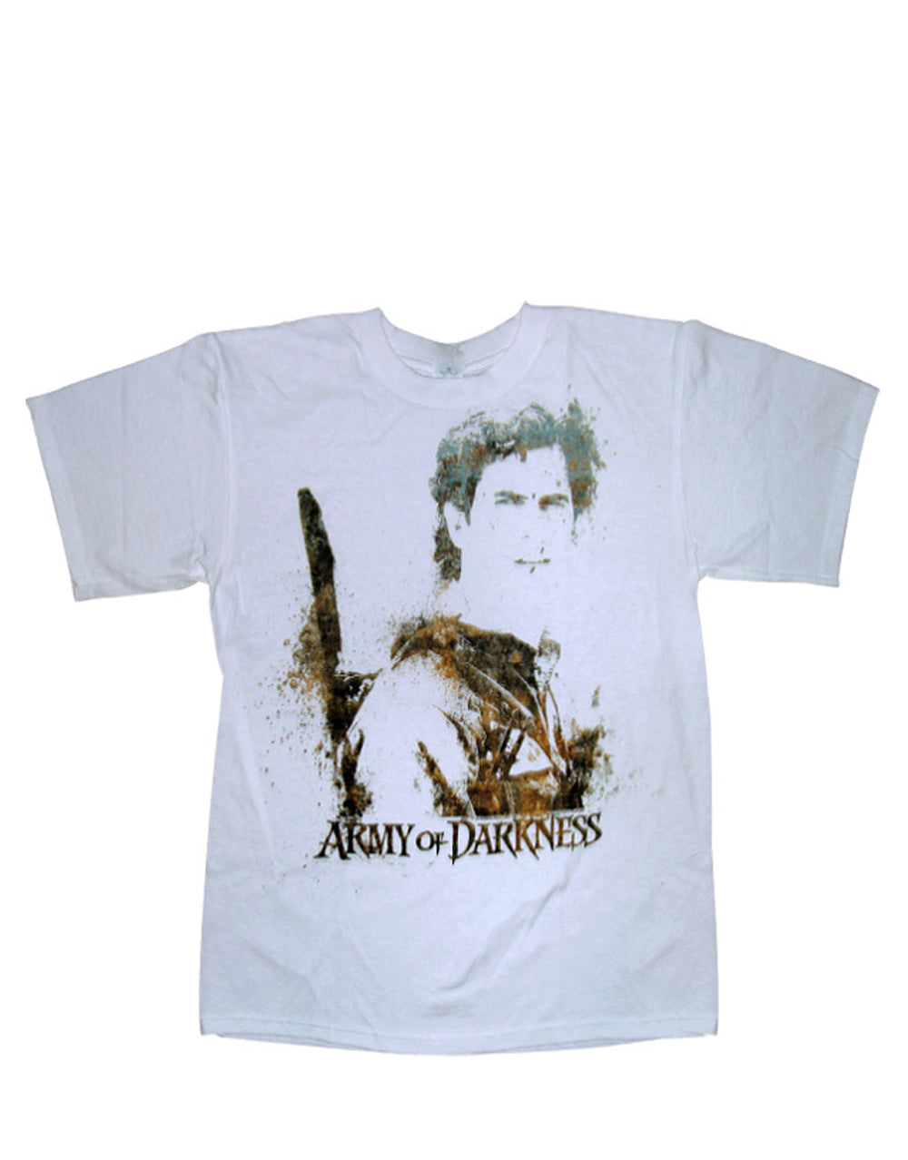 Army of Darkness splatter graphic on a white adult t-shirt.