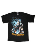 Army of Darkness smoking chainsaw graphic on a black adult t-shirt.