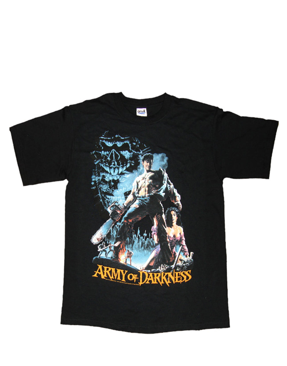 Army of Darkness smoking chainsaw graphic on a black adult t-shirt.