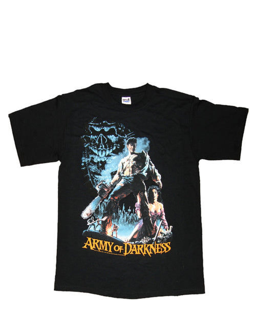 Army of Darkness smoking chainsaw graphic on a black adult t-shirt.