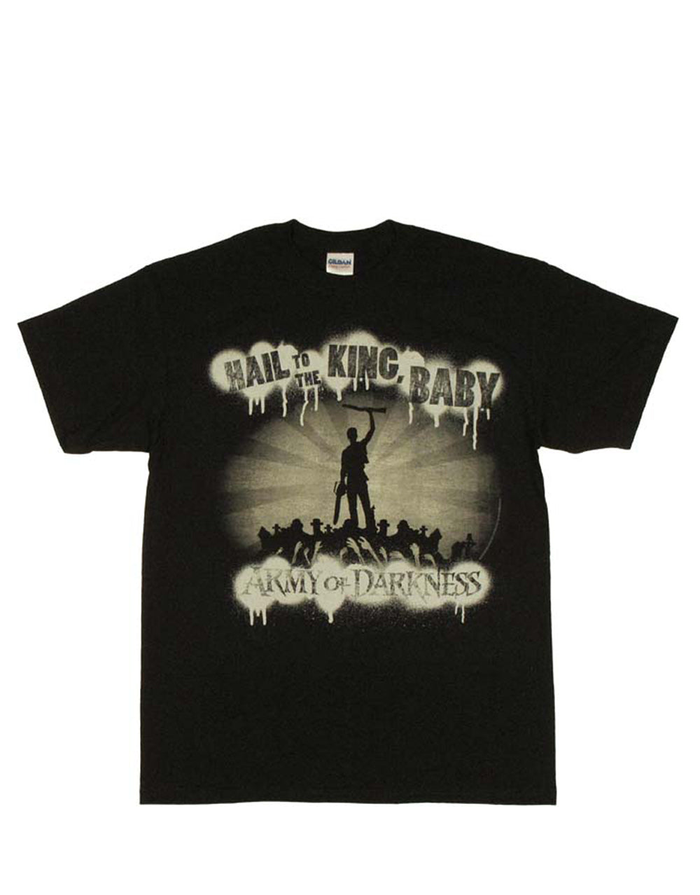 Army of Darkness hail graphic on a black adult t-shirt.