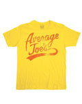 Dodgeball "Average Joe's Gymnasium" team uniform logo graphic on a yellow adult t-shirt.