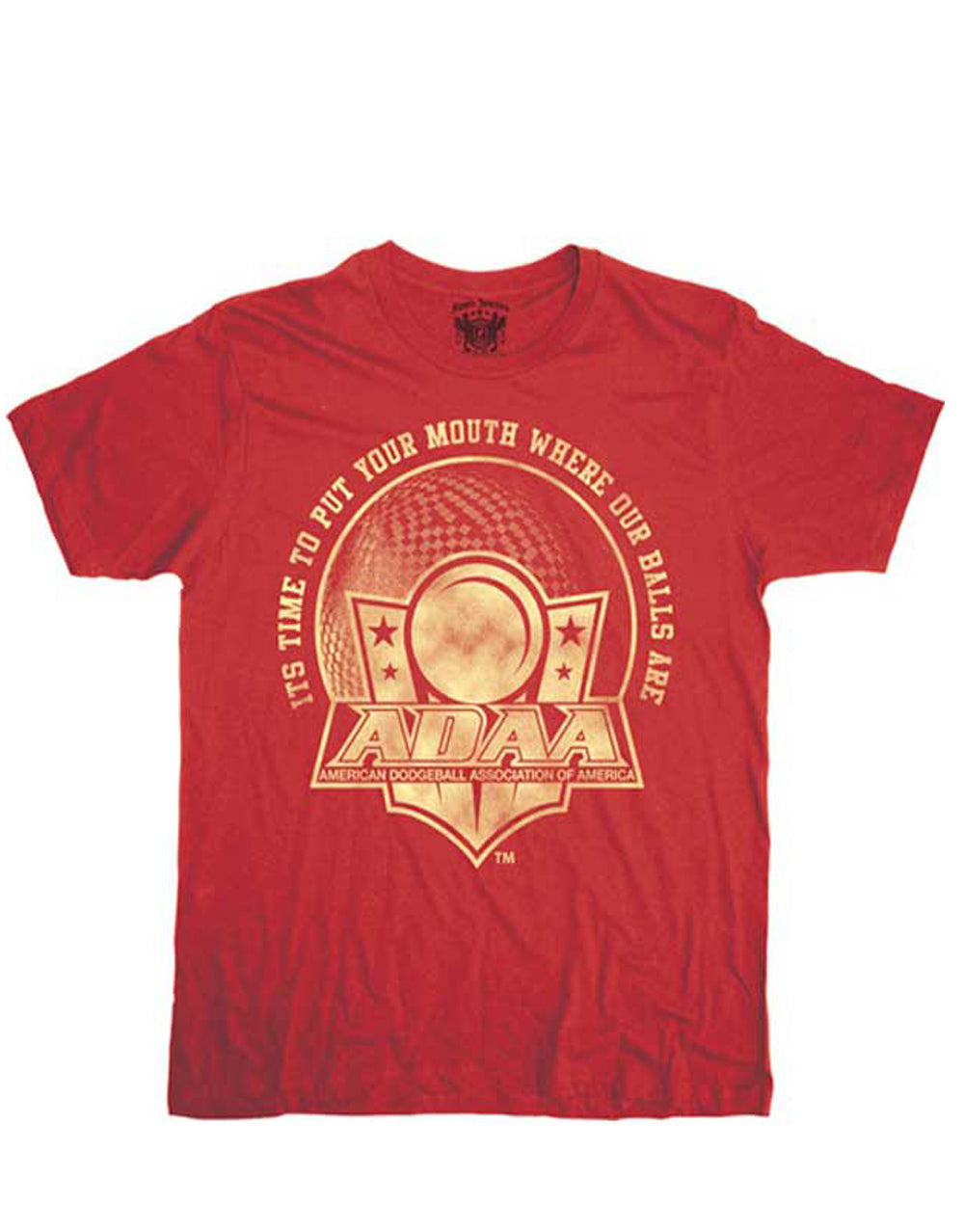 Dodgeball movie ADAA (American Dodgeball Association of America) logo design on a red adult t-shirt.