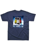 Doctor Who classic Daleks graphic on a navy blue adult t-shirt.