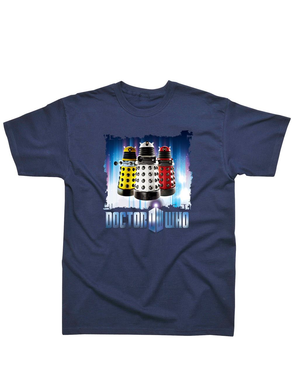 Doctor Who classic Daleks graphic on a navy blue adult t-shirt.