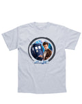 Doctor Who classic Tardis graphic on a grey adult t-shirt.