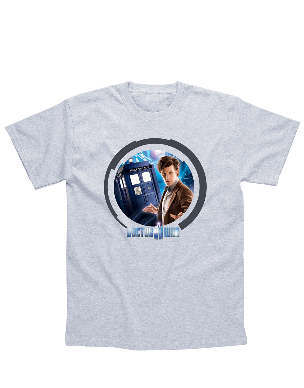 Doctor Who classic Tardis graphic on a grey adult t-shirt.