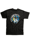 Doctor Who classic exterminate graphic on a black adult t-shirt.