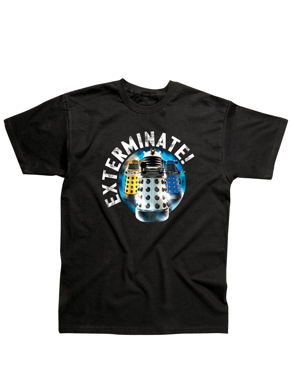 Doctor Who classic exterminate graphic on a black adult t-shirt.
