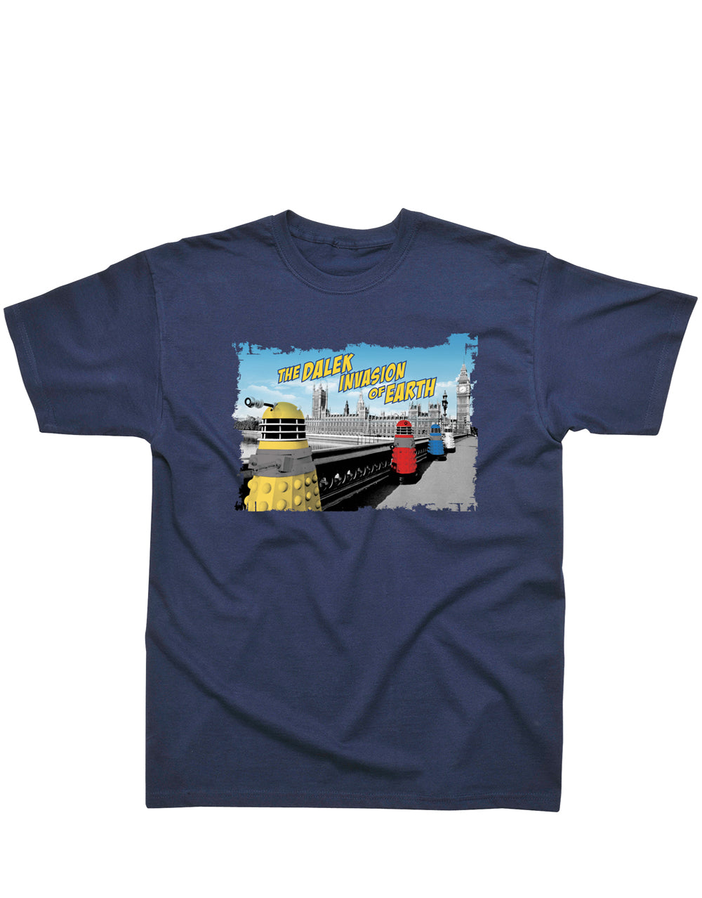 Doctor Who classic Dalek invasion of Earth graphic on a navy blue adult t-shirt.