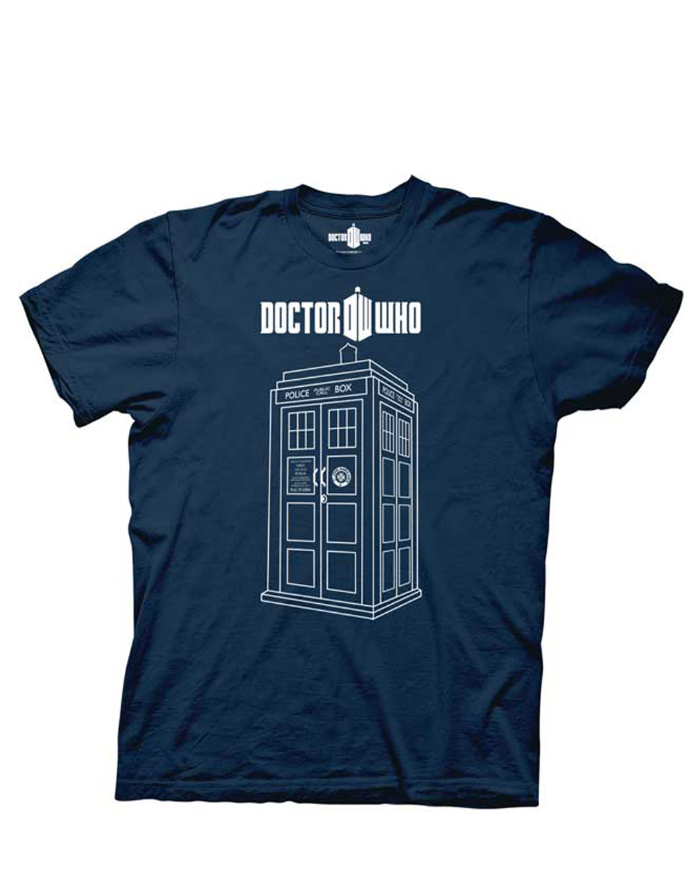 Linear Tardis graphic on a navy blue adult t-shirt.