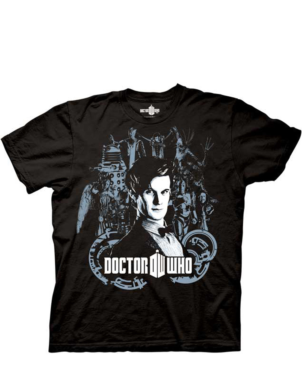 Doctor Who collage graphic on a black adult t-shirt.