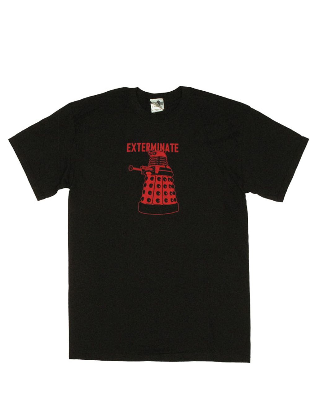Red linear Dalek graphic on a black adult t-shirt.