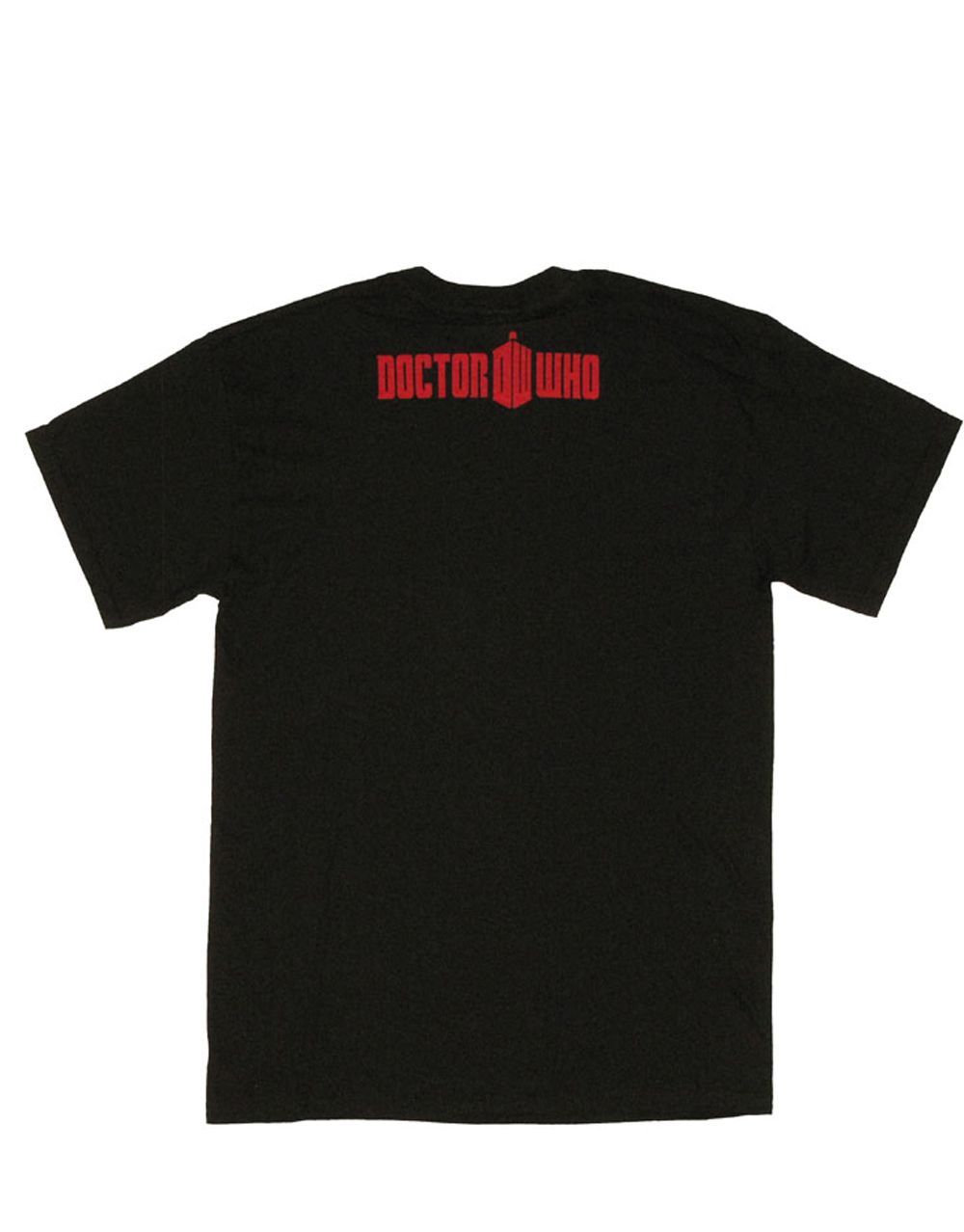 Red linear Dalek graphic on a black adult t-shirt.