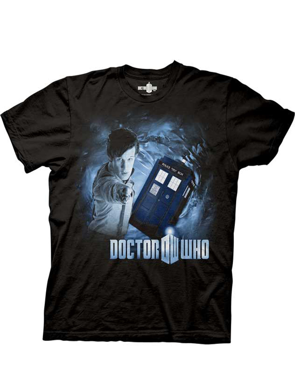 Space vortex graphic on a black adult t-shirt.