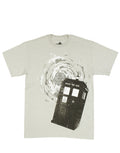 Tardis graphic on a grey adult t-shirt.