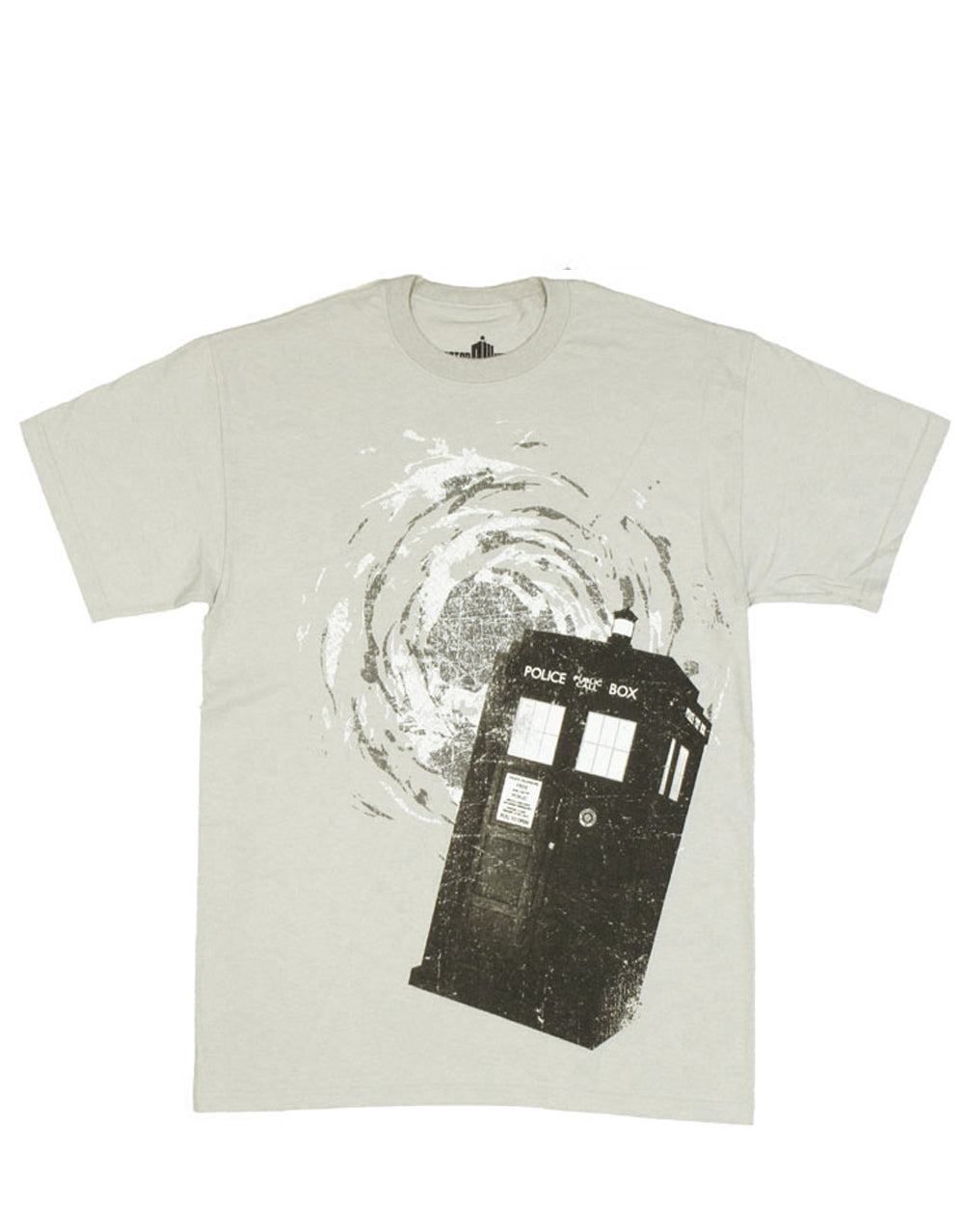Tardis graphic on a grey adult t-shirt.