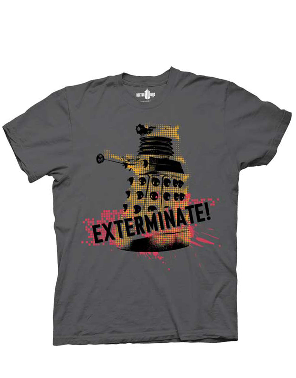 Dalek exterminate graphic on a grey adult t-shirt.