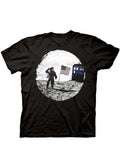 Dr Who Tardis moon landing graphic on a black adult t-shirt.