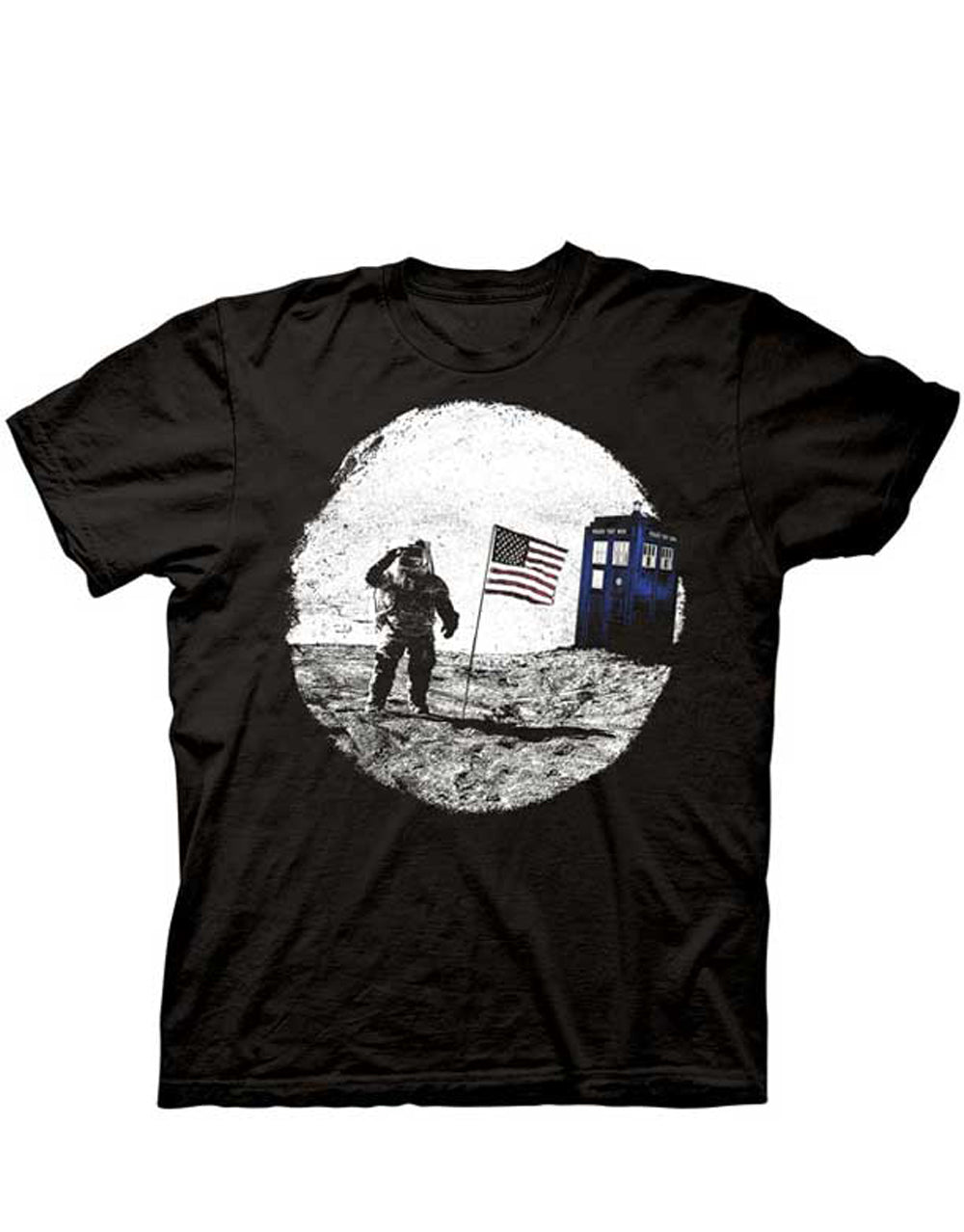 Dr Who Tardis moon landing graphic on a black adult t-shirt.