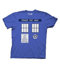 Tardis trompe graphic on a royal blue adult t-shirt.