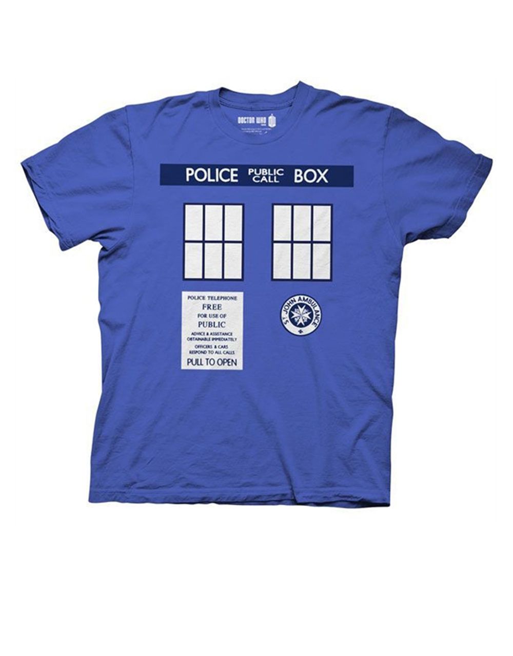Tardis trompe graphic on a royal blue adult t-shirt.