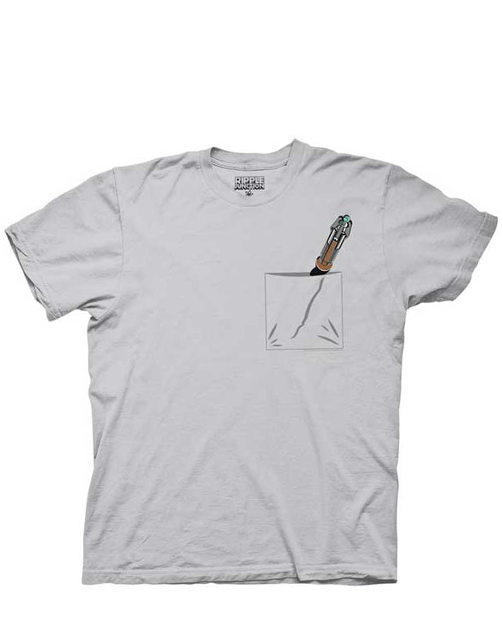Dr Who sonic screwdriver graphic on a light grey adult t-shirt.
