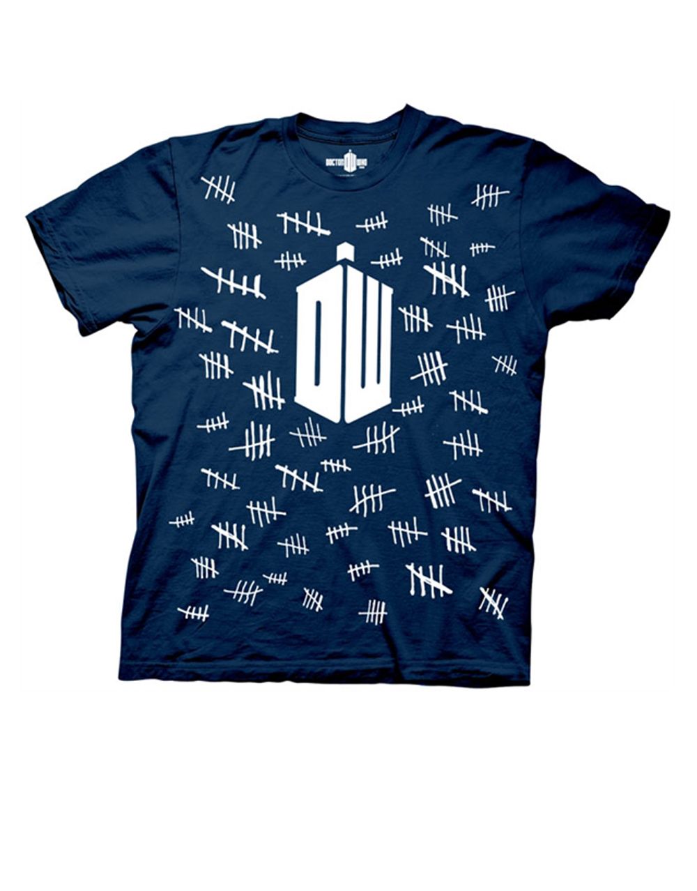 Tally marks graphic on a navy blue adult t-shirt.