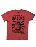 Vote no Daleks graphic on a heathered red adult t-shirt.