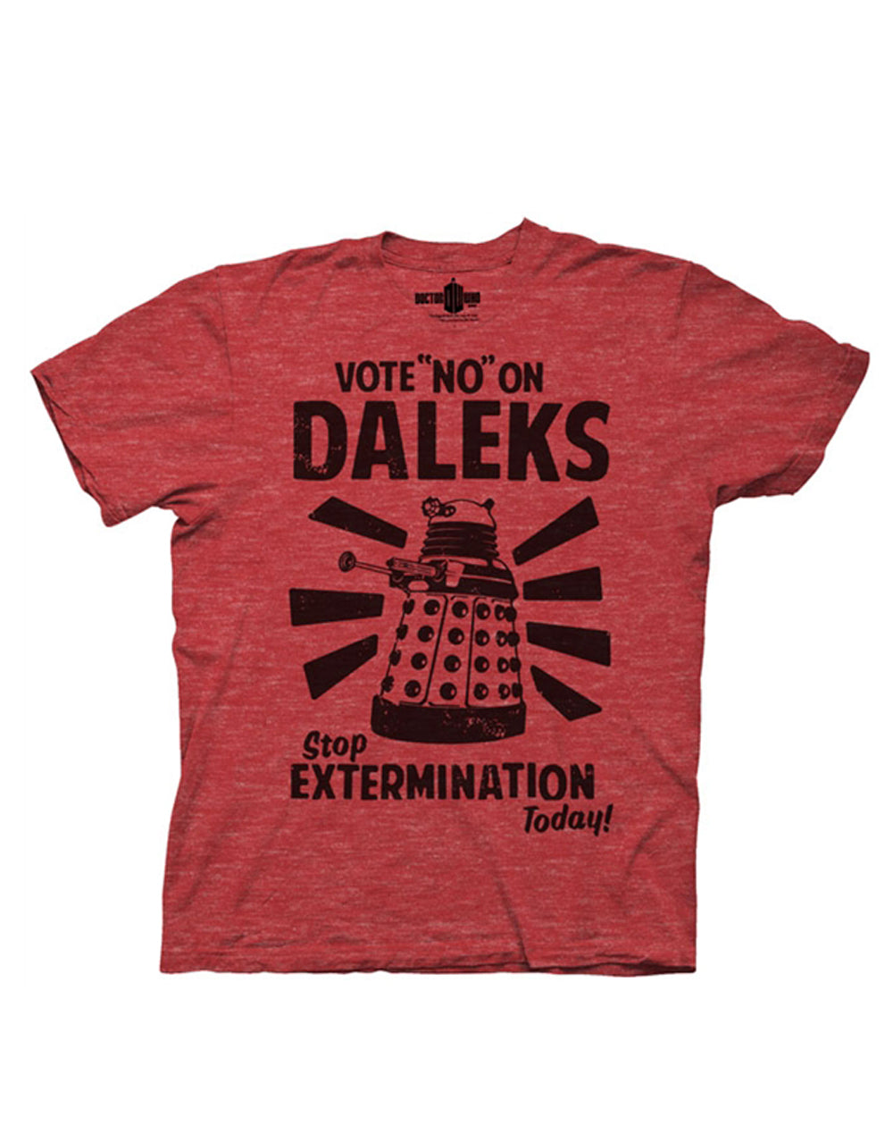Vote no Daleks graphic on a heathered red adult t-shirt.