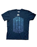 Logo of words graphic on a navy blue adult t-shirt.