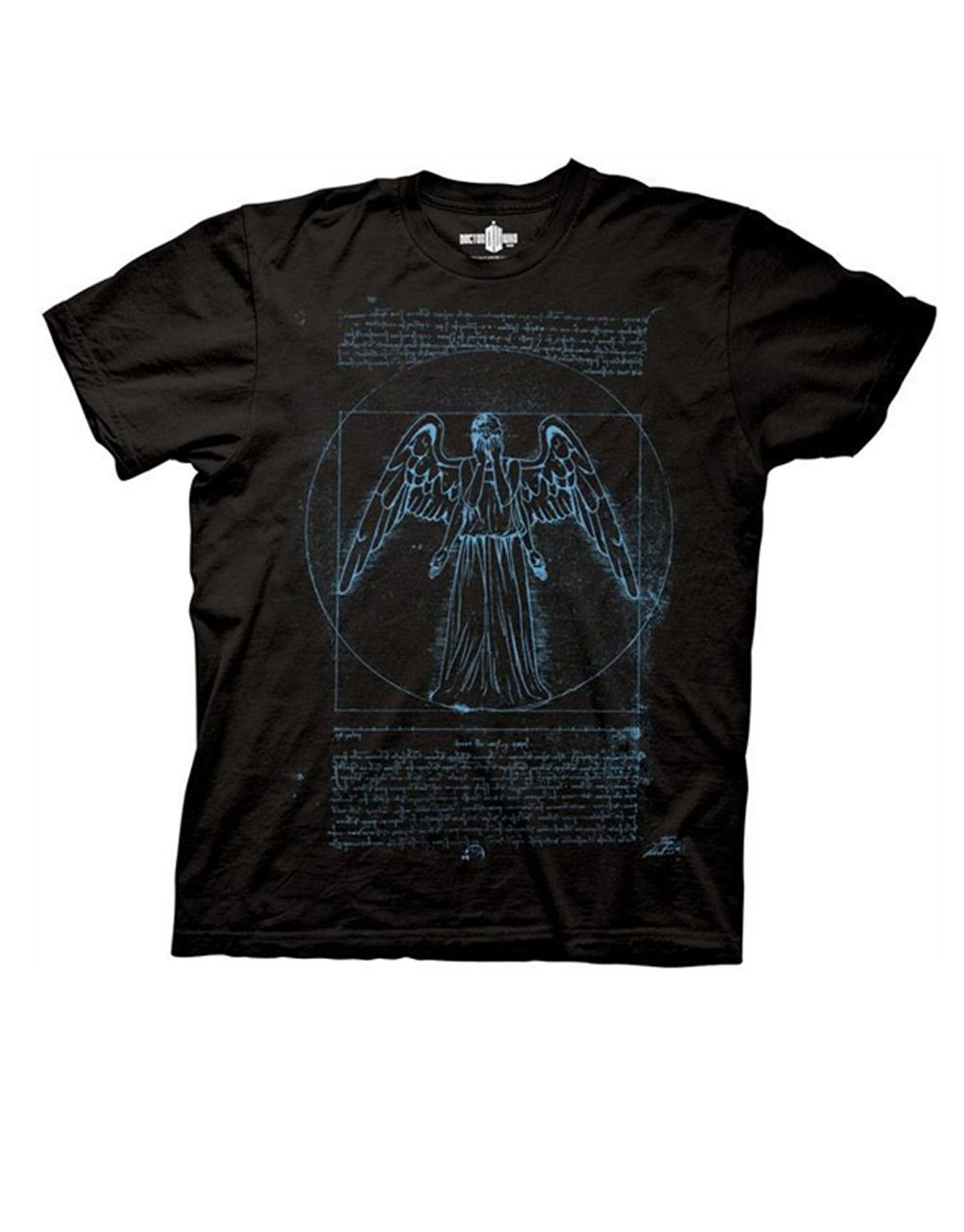 Vitruvian angel graphic on a black adult t-shirt.