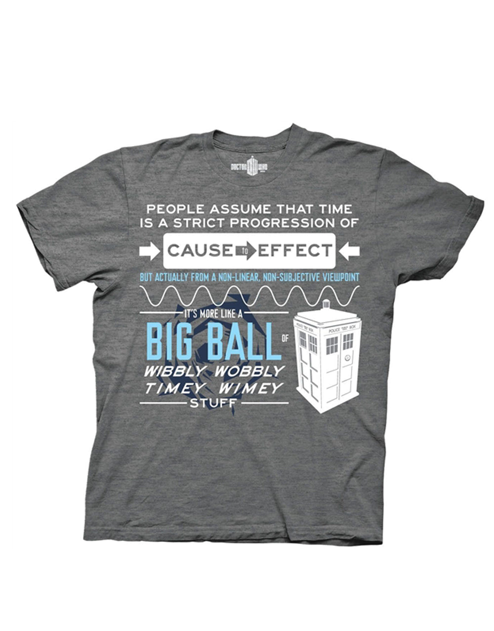 Wibbly wobbly graphic on a heathered grey adult t-shirt.