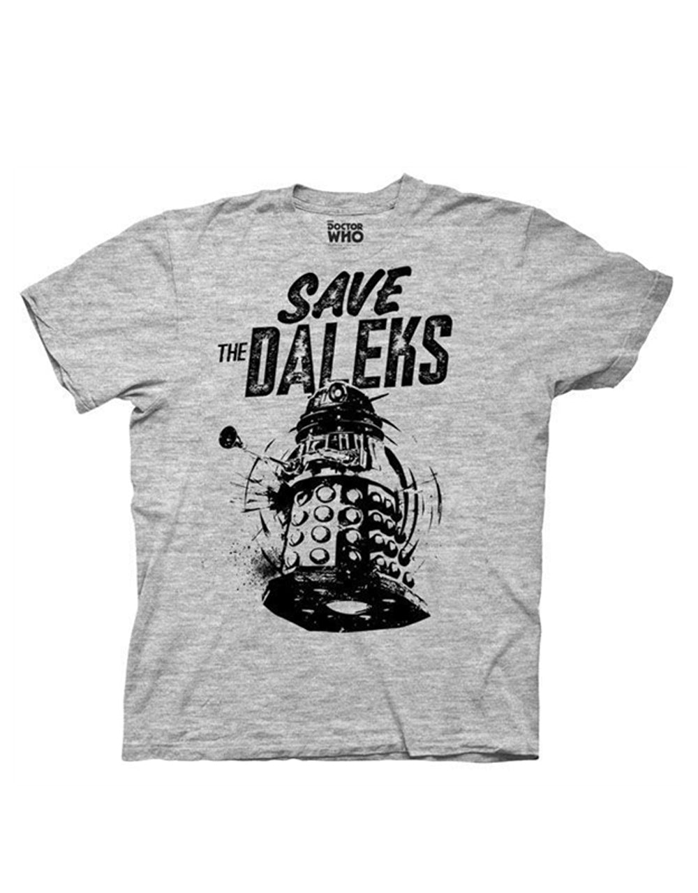 Save the Daleks graphic on a heathered athletic grey adult t-shirt.