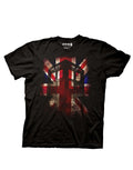 Union Jack graphic on a black adult t-shirt.
