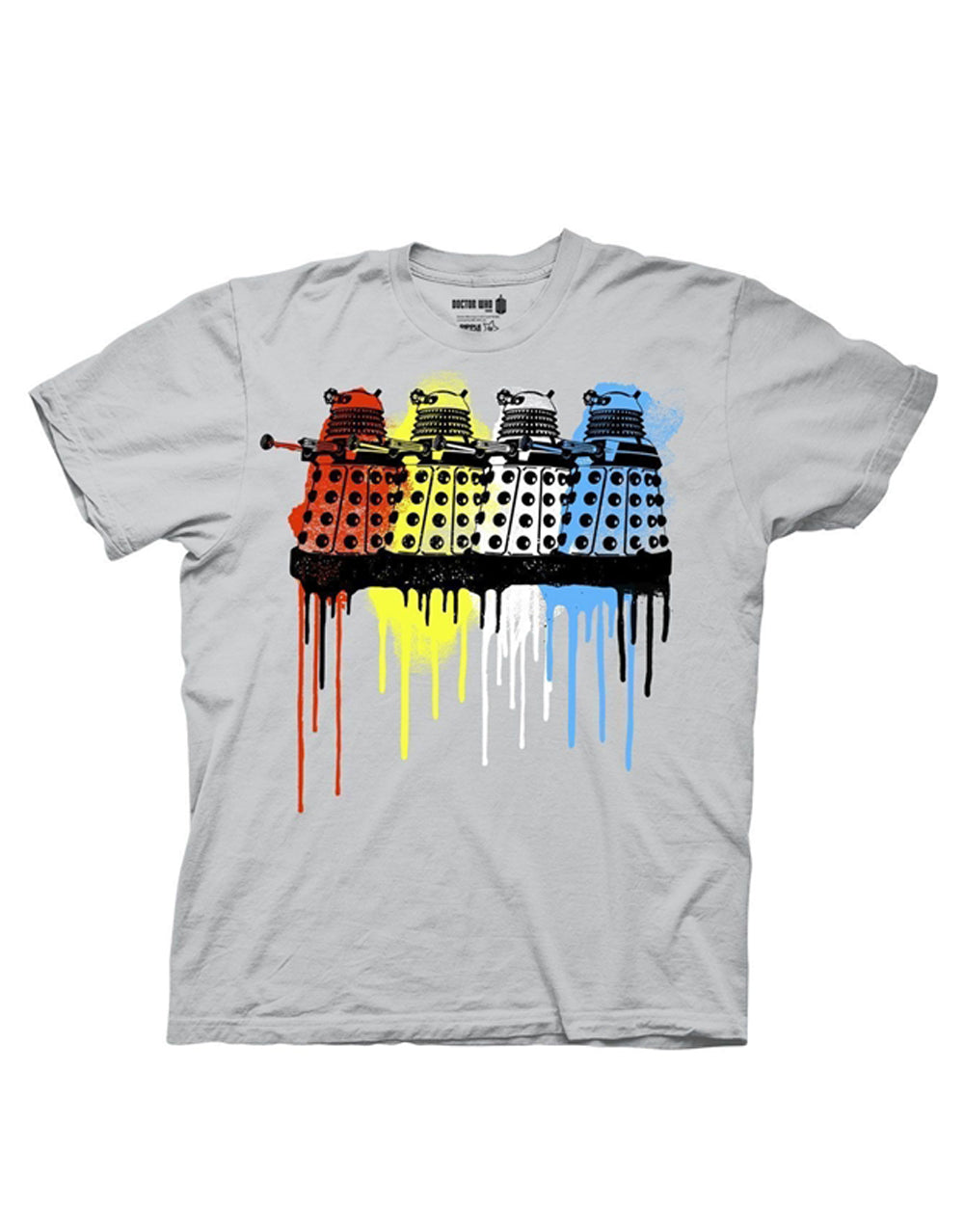 Rainbow Daleks graphic on a silver grey adult t-shirt.