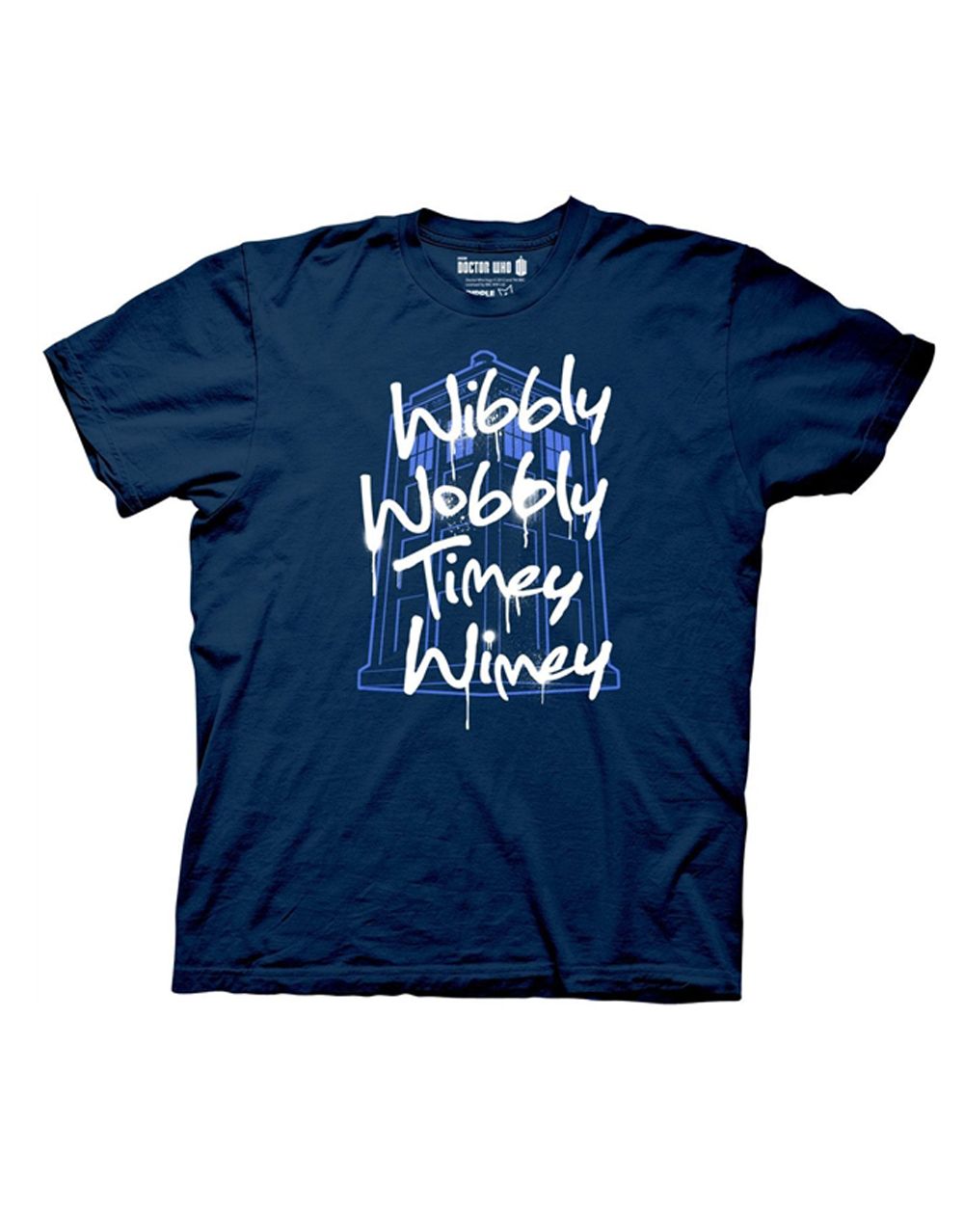 Wibbly wobbly graphic on a navy blue adult t-shirt.