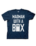 Doctor Who "Mad Man with a Box" quote graphic on a navy blue adult t-shirt.