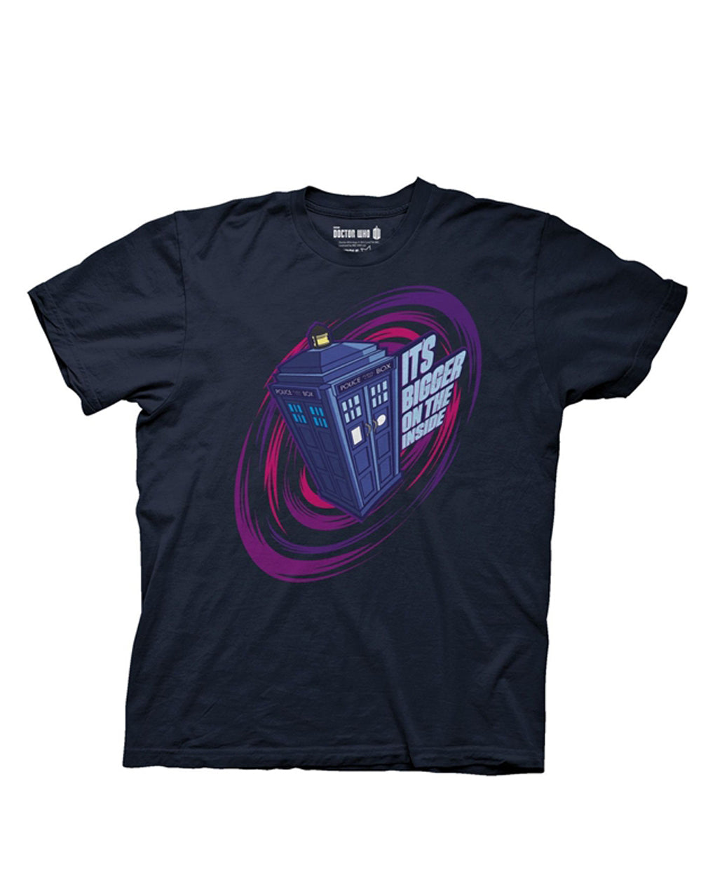 Bigger on the inside graphic on a navy blue adult t-shirt.