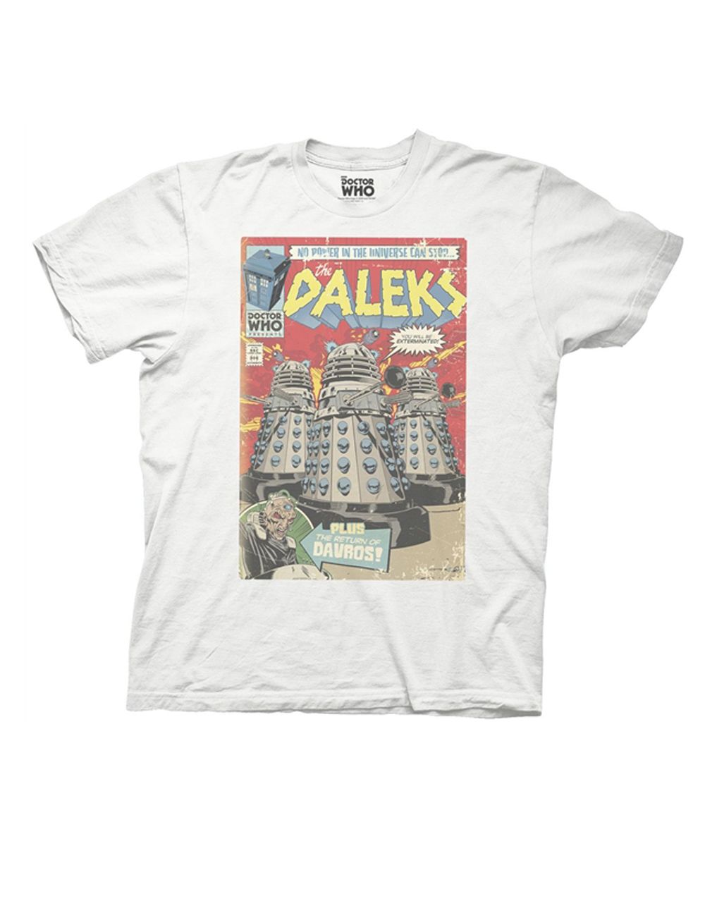 Dalek comic cover graphic on a white adult t-shirt.