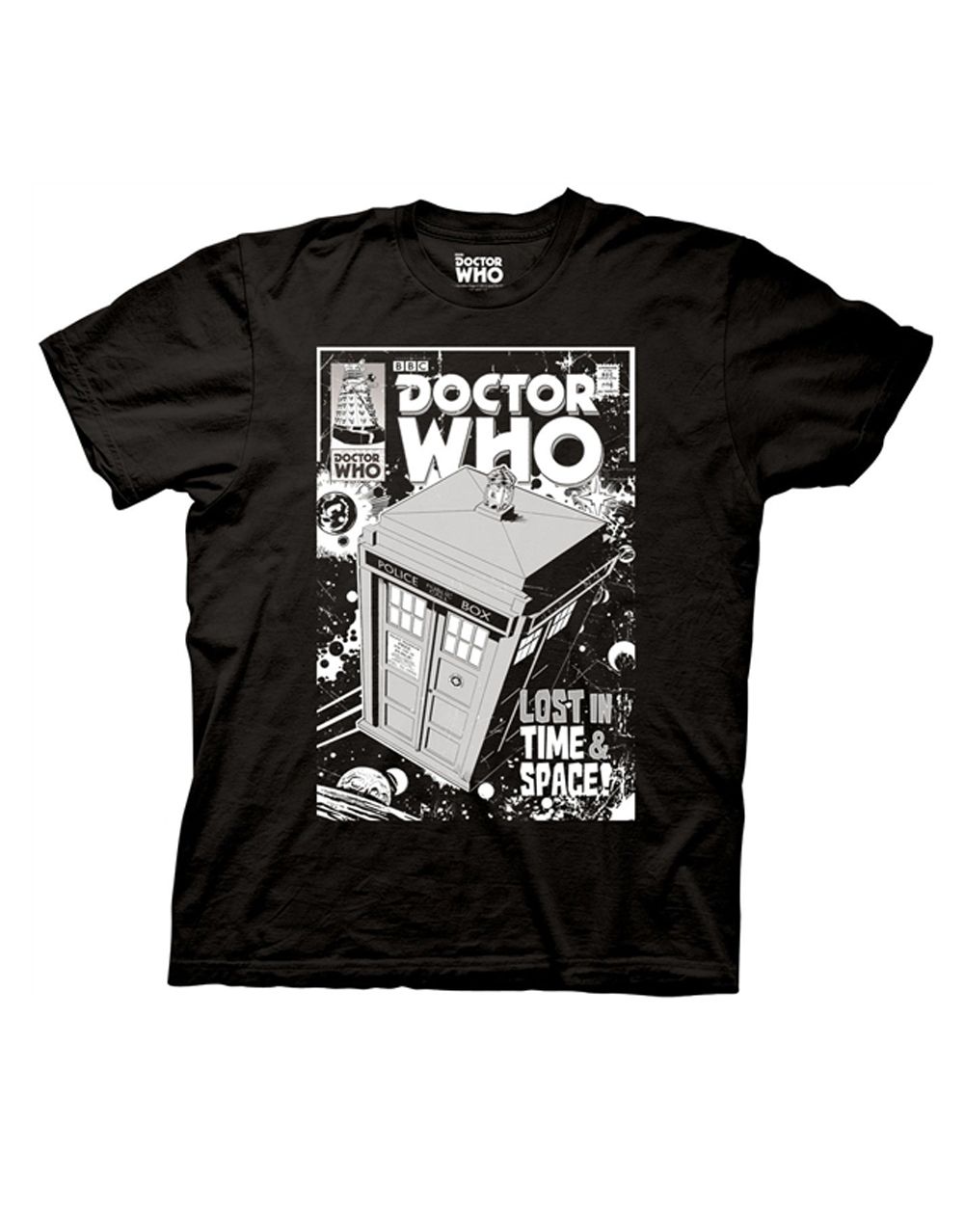 Comic Tardis lost in time graphic on a black adult t-shirt.