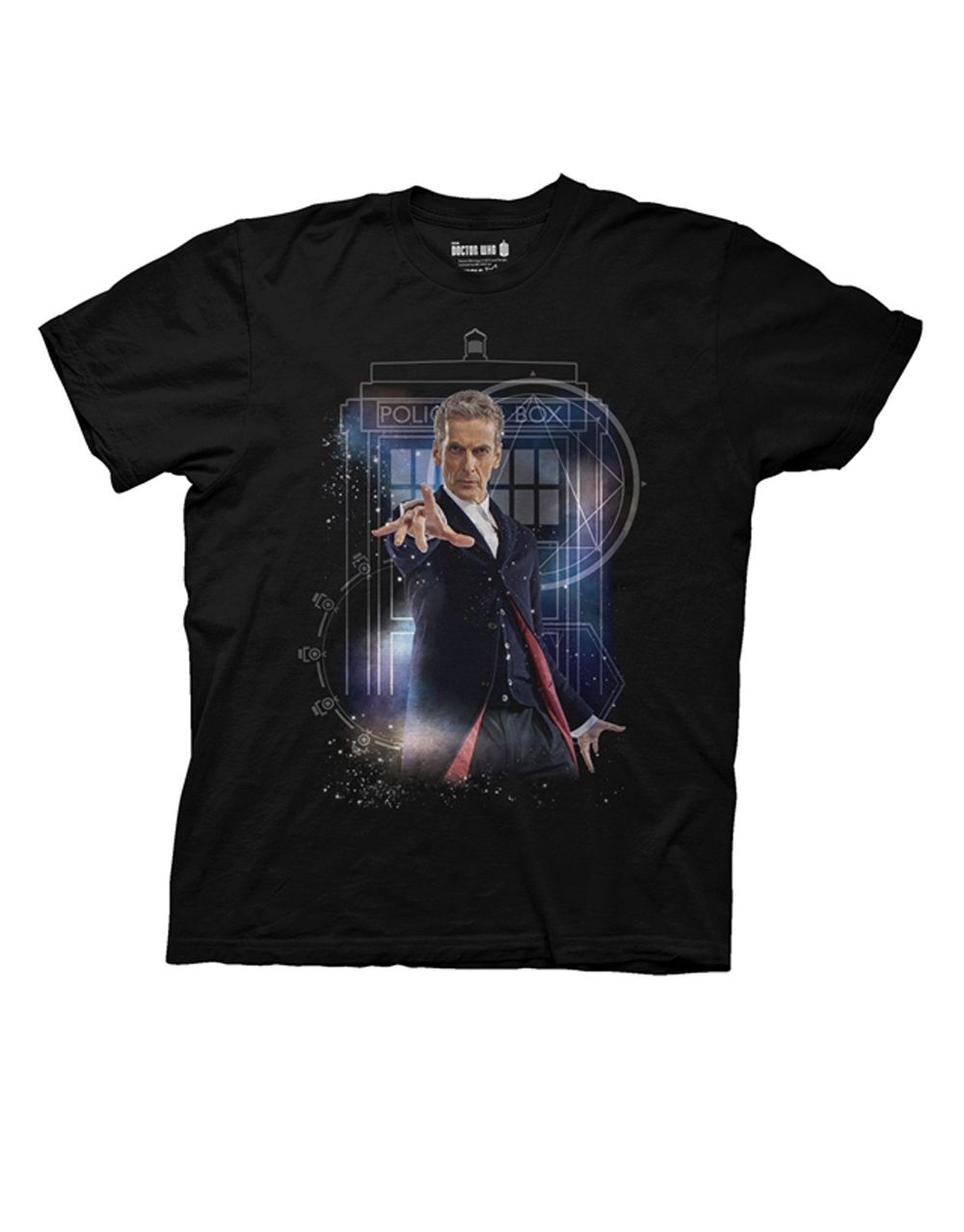 12th Doctor regeneration graphic on a black adult t-shirt.