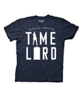 Time Lord silhouette graphic on a navy blue adult t-shirt.