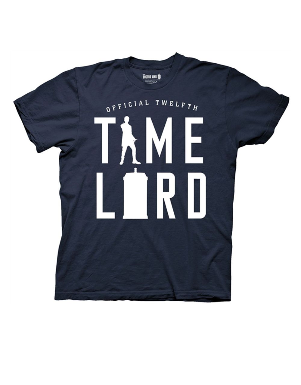 Time Lord silhouette graphic on a navy blue adult t-shirt.