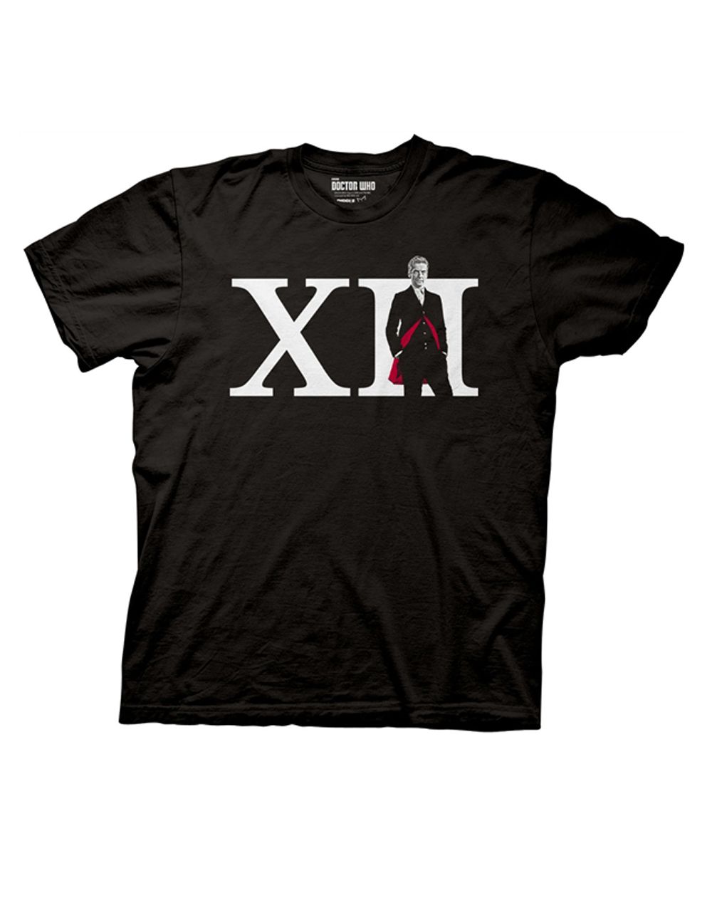 Roman numeral with 12th Doctor graphic on a black adult t-shirt.