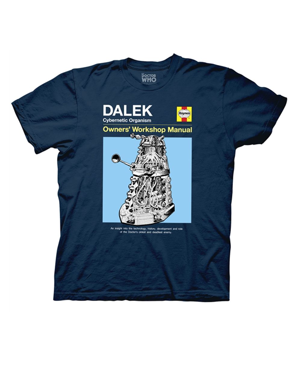 Haynes manual Dalek graphic on a navy blue adult t-shirt.