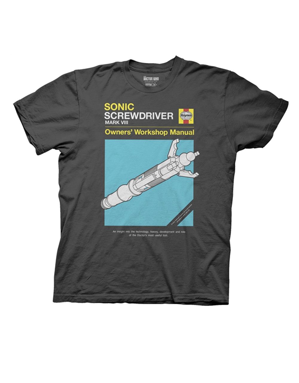 Sonic screwdriver Haynes manual graphic on a charcoal grey adult t-shirt.