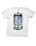 Ink Tardis graphic on a white adult t-shirt.