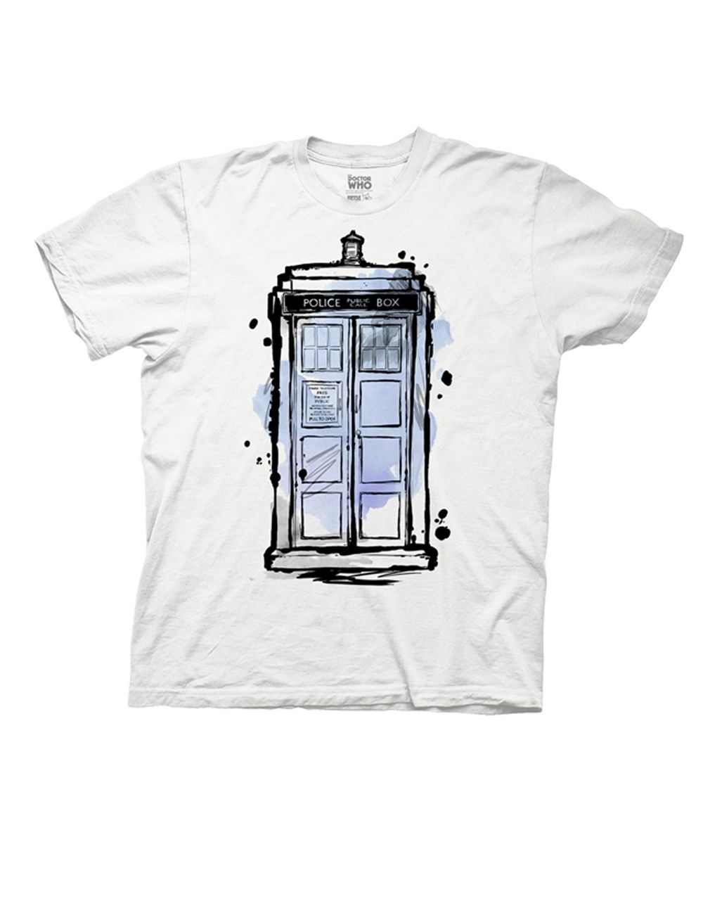 Ink Tardis graphic on a white adult t-shirt.